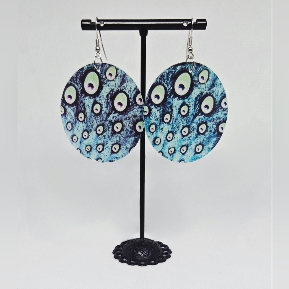 Peacock Print Statement Earrings Large Round Boho Lightweight Dangle